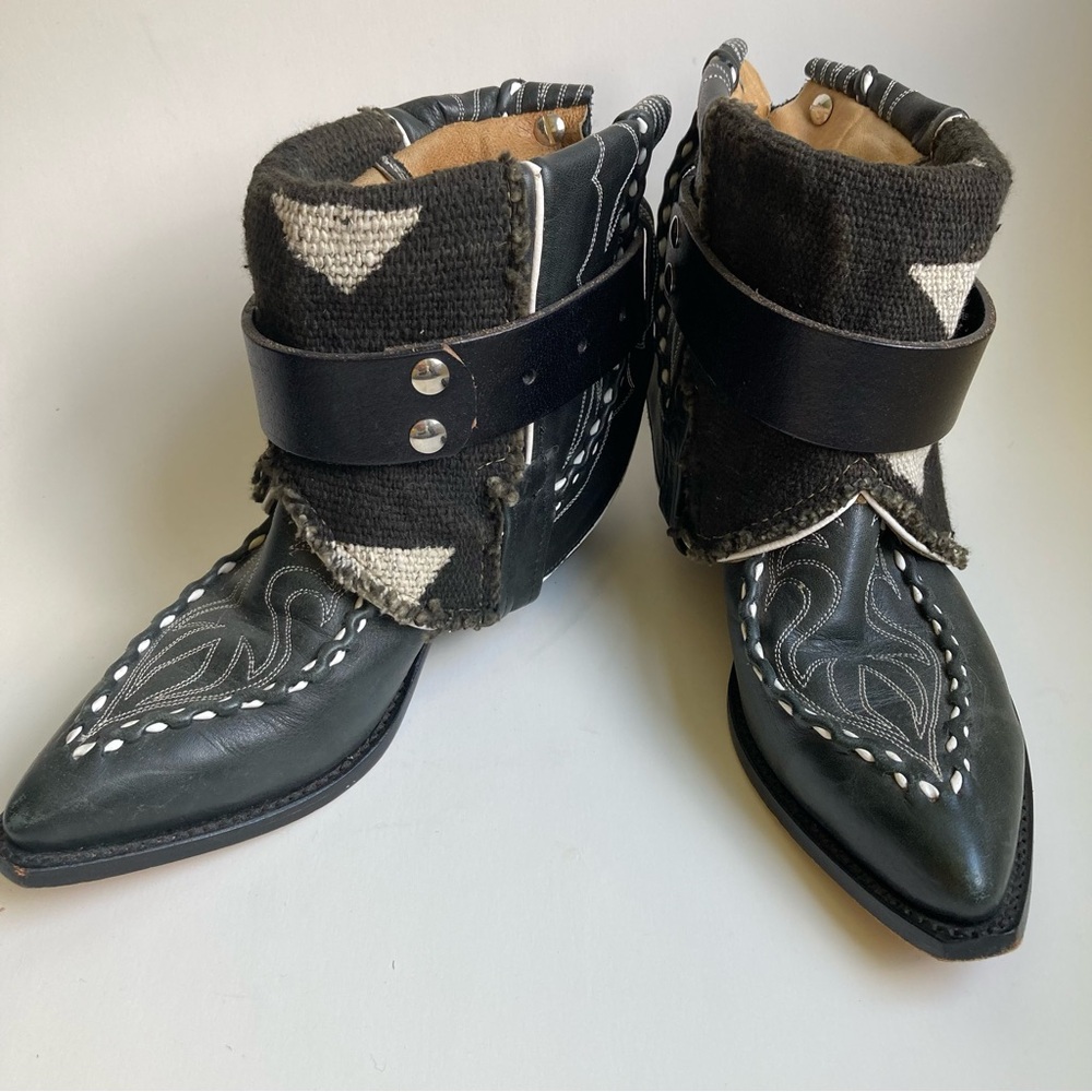 Canty Dan Post Black Leather & Textile Boho Short Ankle Western Cowboy Boots 7.5 - Picture 5 of 16